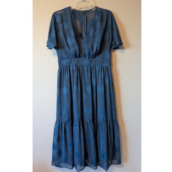 Maggy London Embroidered Teal Midi Dress with V-Neck and Flutter Sleeves Sz. 10P - Picture 10 of 11